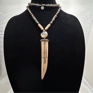 Fabulina, Long Crystal And Wood Horn Necklace